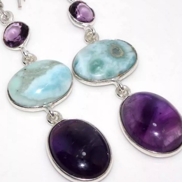 Larimar and rainbow moonstone earrings - Picture 2 of 2